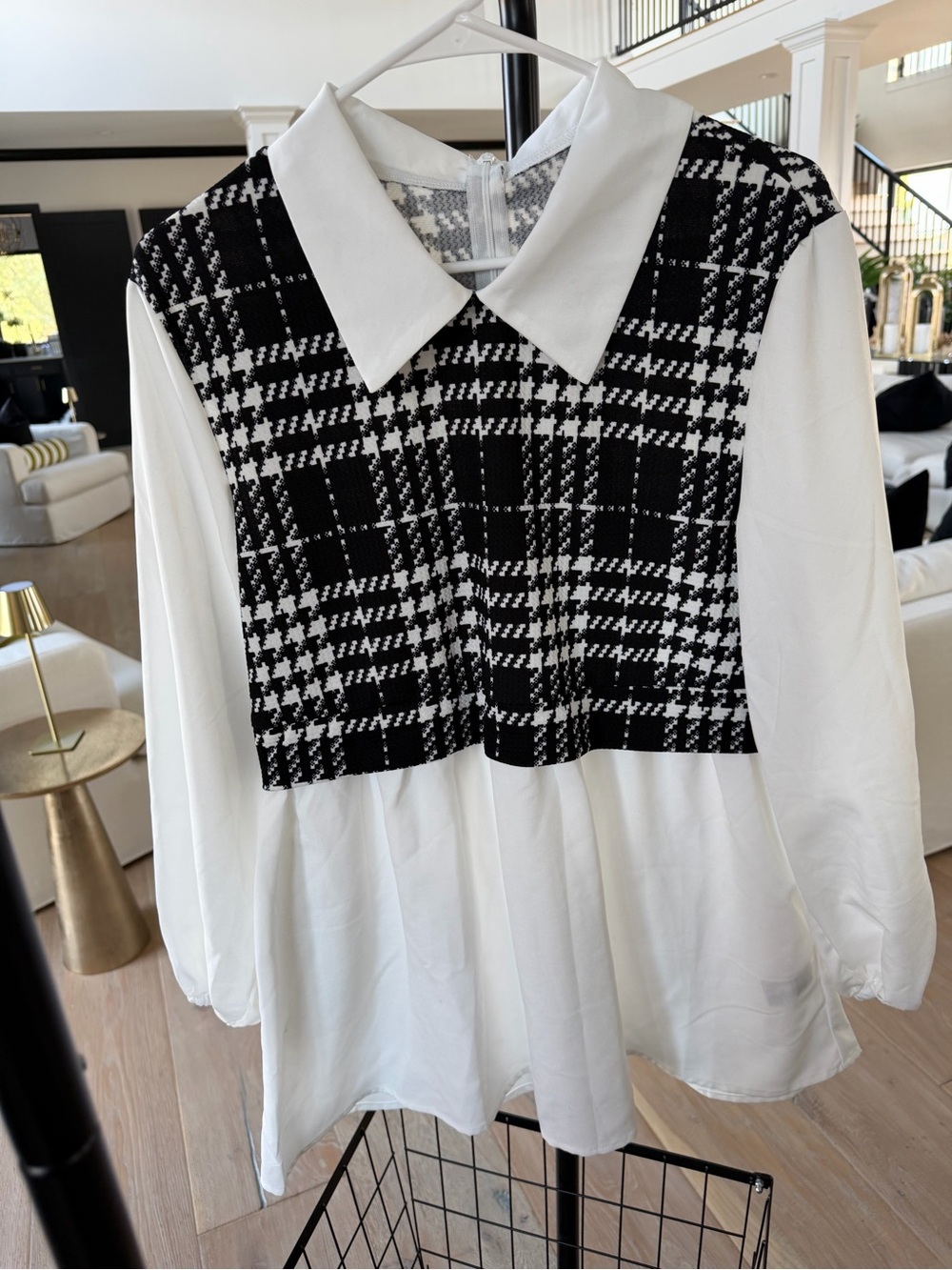 Classic Collared Black & White Plaid Mixed-Media Blouse